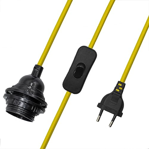 CABLEPELADO Portalampada E27 con interruttore, adattatore per lampada, base per lampadina, presa + interruttore on/off, cavo 2 metri, design vintage, cavo intrecciato, giallo