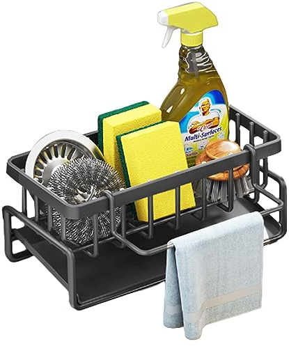 youjia Organizer Lavello Cucina in Acciaio Inox Porta Spugna Lavandino Caddy Organizer con Vassoio e Portasciugamani Rimovibile Accessori Cucina per Spugne, Spazzole, Detersivi