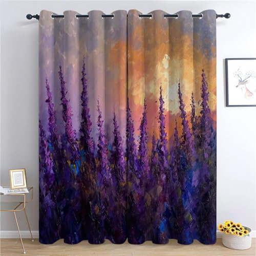 Generisch Lila Vorhänge, Ölgemälde Pflanze Heidekraut Ösen Gardinen mit Blickdichte Vorhang Kälteschutz, H215 x B220 cm Blackout Curtain Wohnzimmer Schlafzimmer Verdunkelung Fenster