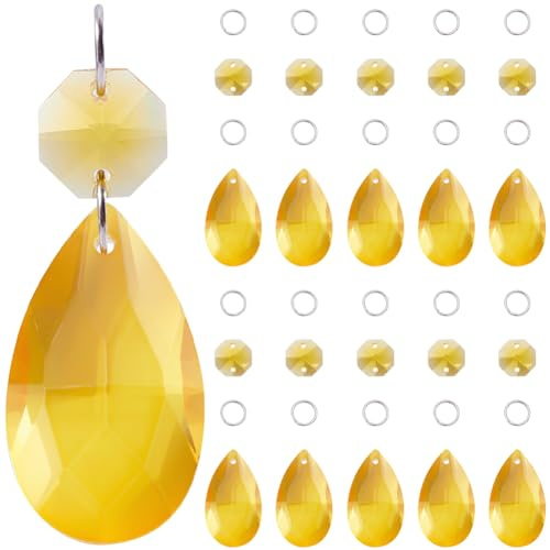 SOFPLATE 1 boîte de 12 Paquets de Prismes de Lustre en Cristal Jaune de 38mm Attrape Soleil en Verre Prisme en Forme de Larme Pendentifs de Lustre en Cristal Maillons Octogonaux Anneaux de Saut pour