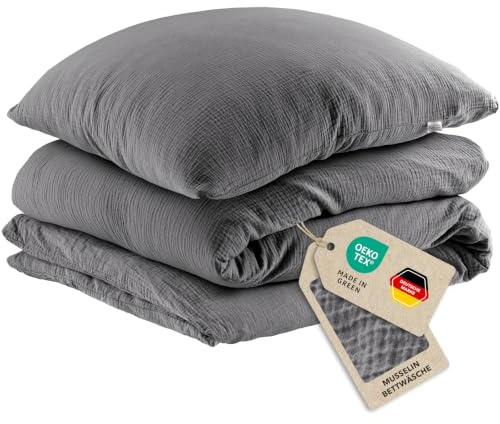 Pure Label Musselin Bettwäsche 135x200+80x80 cm 100% Baumwolle - Anthrazit | Traumhaft weiche, kuschelige Bettwäsche-Sets aus Musselin - 40° Waschbar