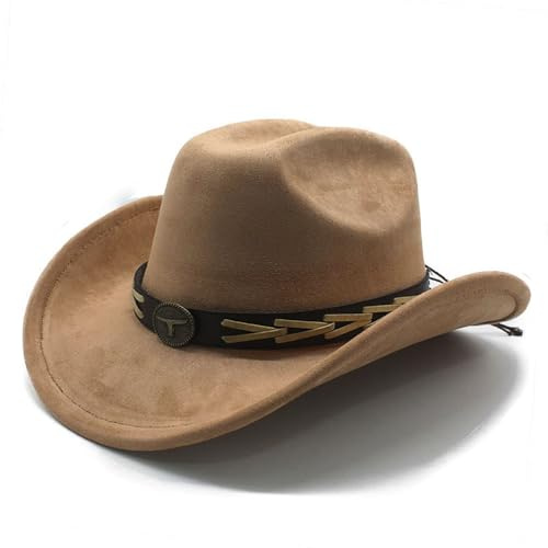 Wotfim Western-Cowboyhut für Damen und Herren, mit Band, breite Krempe, Wildleder, Cowboy-Hut im Western-Stil