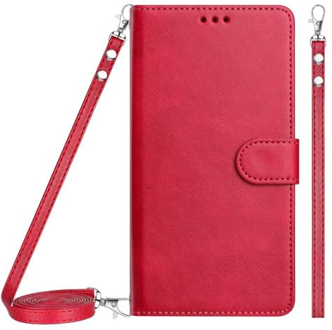 ATISIJIE Coque pour Samsung Galaxy S25,avec Bandoulière et Dragonne RFID Blocage Béquille Fentes pour Cartes Fermeture Magnétique Portefeuille Flip Etui-Rose Rouge