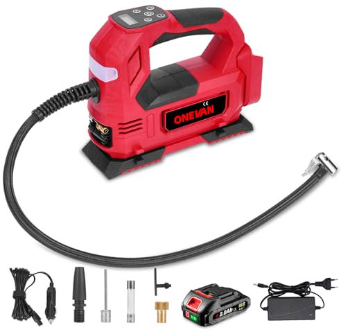 ONEVAN Elektrische Autoreifen Pumpe 160PSI Tragbarer Luftkompressor mit 7800mAh Akku LCD Display 4 Düsen LED Licht für Auto Motorrad Fahrrad (Rot)