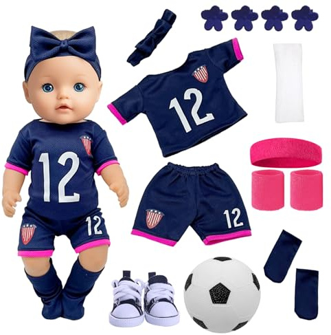 Baby Doll Clothes for 14-18 Inch Doll, Soccer Doll Clothes Outfits with Short Sleeves Shorts Headband Socks Footballs Shoes Hair Clips Sleeves for 35-45 cm New Baby Dolls Girls Birthday Easter Gifts
