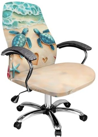 Talayituse Beach Turtle Starfish Heart Print Office Chair Cover Stretchable Desk Chair Covers Thick Checked Jacquard High Back Office Seat Cover Universal Rotating Chair Covers, Large