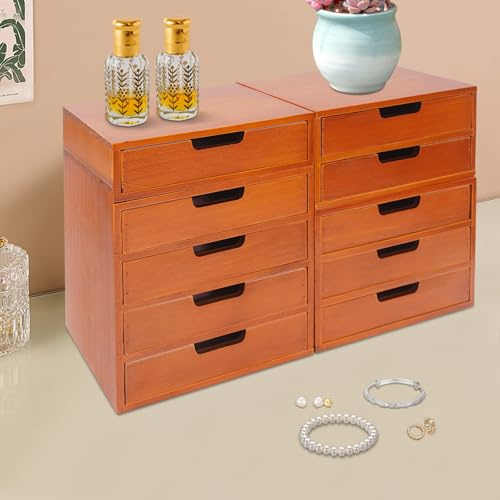4-Piece Vintage Wooden Chest Organizer Set,Stackable Storage Box with Drawers,Countertop Library Card Catalog Cabinet Apothecary Cabinet Single to 5-Drawer Storage Chests