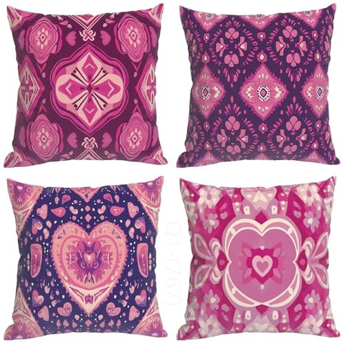 Rosa Kissenbezug 80x80 cm, Outdoor Kissen Modern Muster Design, 4er Set Doppelseitig HD Drucken Wetterfest Leinen Kissenbezüge mit Unsichtbarem Reißverschluss für Zimmer Outdoor Deko Kissen Aesthetic
