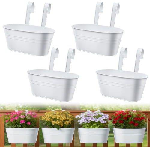 YedZen Metall Aufhängen Blumentopf Hängend, 4Stk 27,5cm Hängende Blumentöpfe mit 2 Drainageloch & Abnehmbarem Haken, Hängetöpfe für Balkon, Garten, Zaun, Geländer, Weiß