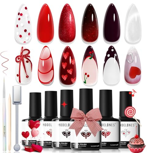 modelones Red Gel Nail Polish Set, 6 Colors 2026 Burgundy Bloody Wine Dark Red Jelly Pearl Glitter Gel Polish Silver Cat Eye Nail Polish with Liner Pen& Magnet& Wooden Stick LED Gift