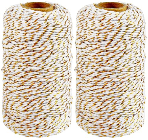 CABODYALS 2 Rolls 200M 2MM White and Gold Cotton Twine String Glitter Christmas Twist Cord Metallic Bakers Packing Macrame Round Braid Thread for Diy Craft Wedding Party Decor Gift Wrapping Gardening