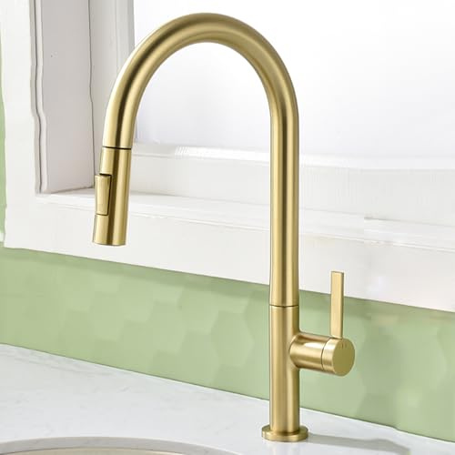 BiaoTeng Kitchen Mixer Tap with Pull Out Spray 360 Swivel 2 Mode Hot and Cold Kitchen Sink Mixer Taps 1 Hole Brass Brushed Gold