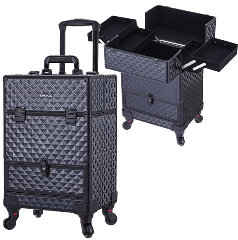 TOPACK Rolling Makeup Train Case,360°Rotaing Wheel Aluminum Cosmetic Case with Trolley 4-Tray for Tattoo/Barber/Nail Tech Travel Cart Organizer 13.1 * 9.8 * 18.3in BLACK (BLACK)