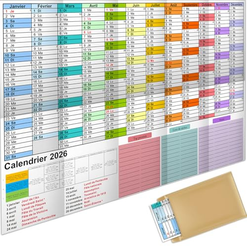 AEYAKA Calendrier mural 2026 Grand Calendrier Annuel A1 planificateur avec Aperçu des Jours Fériés Semaines du Calendrier plié 57 cm x 87 cm Français