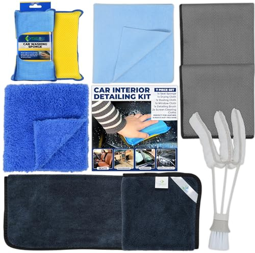 Towelogy® Professional Car Interior Cleaning Kit - 7pcs Ultimate Interior Detailing Kit Includes Seat Sponge, Detail Brush, 2x Streak Free Glass Cloths, Buffing and Detailing Towels