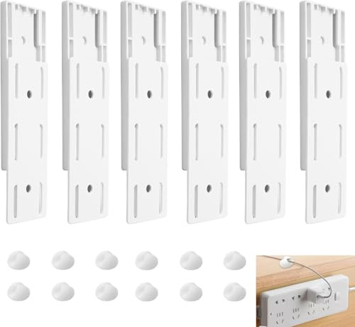 Self Adhesive Power Strip Lead Holder Kit, 6Pcs Punch Socket Holder Cable and 12PCS Cable Tidy Clips, Desktop Mounted Fixator for Desk, Power Cable, Office, Control Router and Cable(Sliding Design)