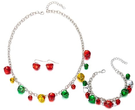 IMINI Versilbertes Weihnachtsschmuck-Set, rot-grüne Glöckchen-Halskette, Armband, Ohrringe für Frauen, hypoallergen, verstellbar, festliches Partygeschenk, Large, Metall, Kein edelstein