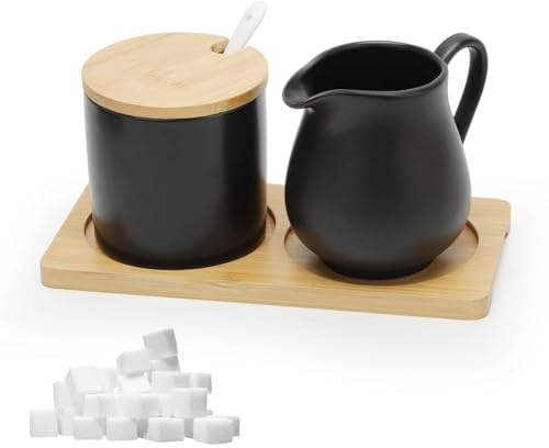 Yuragim Mjölk- och sockerset med lock och sked, 5-delad keramisk mjölkkanna och sockerskål med träbricka, mjölk- och sockerbehållare för kök kaffe, mikrovågsugns- och diskmaskinssäker (svart)