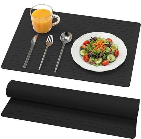 Abtropfmatte aus Silikon mit integrierten Rillen, 30 x 40 cm, leicht zu reinigen, vielseitig einsetzbar, Abtropfunterlage für Küchenarbeitsplatten, Spüle oder Kühlschrankaufbewahrung (Schwarz)
