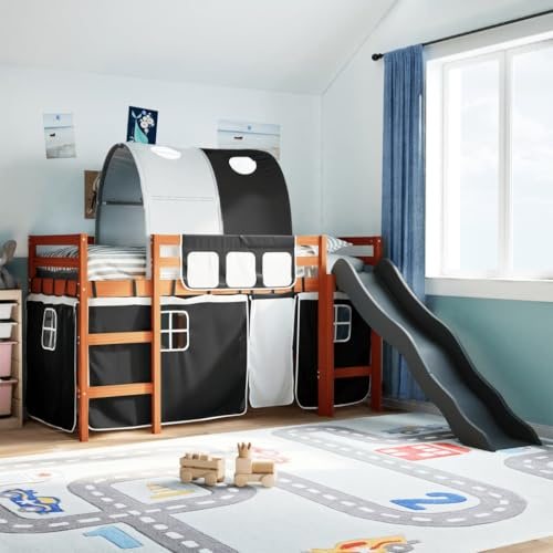 Runheo Lit mezzanine pour enfant en pin massif avec tunnel, toboggan et rideaux, blanc et noir, 80 x 200 cm, pour jouer et dormir en toute sécurité