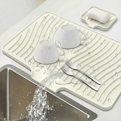 2 Pack Silicone Dish Drying Mat with Drain and Silicone Soap Mat - 50×43 cm Drying Mat, Tilted Surface, Heat Resistant & Non-Slip - Dish Drying Mat for Sink and Worktop (50×43-White)