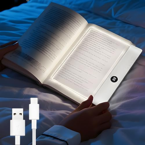 Book Light, Rechargeable Clear LED Flat Book Lights for Reading in Bed at Night with 3 Colors & Timer, Dimmable Panel Plate Book Lamp Full Page Light (White)