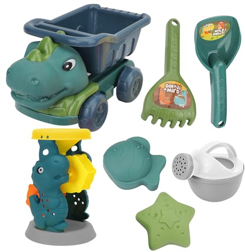 FUNOMOCYA Set Giocattoli da Spiaggia, Camion Ingegneria Dinosauro in Plastica Sicura, Giochi Estivi Portatili per Sabbia Pala e Formine, per Attività All’aperto e Mare