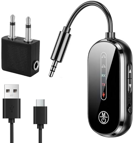 Adaptateur Bluetooth 5.4 Avion 2 en 1 TX RX AUX 3,5mm Émetteur Récepteur | Double connexion casque, faible latence, appels mains libres, format compact pour TV, voiture, PC et voyages