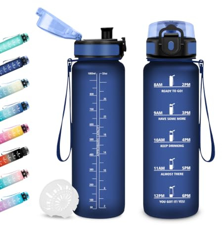 JAPORIA Trinkflasche 1L, BPA-frei, Wasserflasche mit Filter und Zeitmarkierung, Auslaufsicher, Trinkflasche Kohlensäure Geeignet, für Erwachsene, Gym, Camping, Fahrrad, Yoga, Sport
