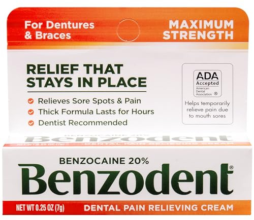 Benzodent Maximum Strength Dental and Oral Pain Relieving Cream for Dentures, Mouth Sores, and Braces, Long lasting Topical Anesthetic, 0.25 oz