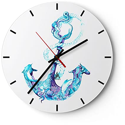 Modern Wanduhr Korallen Quallen Anker Seil 40x40cm Rund Groß Wand Uhr Glas Analog Zimmeruhren Küche Büro Wohnzimmer Glasuhr Wall Clock Dekoration Design Wanddekoration Küchenuhr C3AR40x40-3060