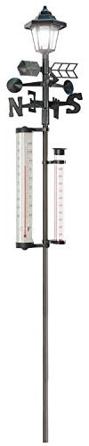 5-in-1 Garden Weather Station - Meteorological Measurer with Wind Vane & Anemometer, Rain Gauge, Outdoor Thermometer & Solar Light - Monitor Weather Day and Night, 1.5m/5ft Tall Black