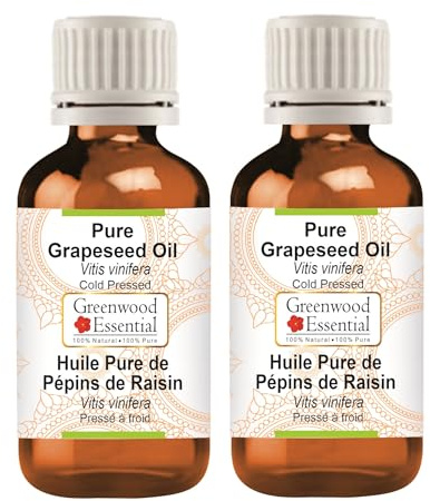 Greenwood Essential Olio di semi d'uva naturale (Vitis vinifera) pressato a freddo, 100 ml x 2 (6,76 oz)