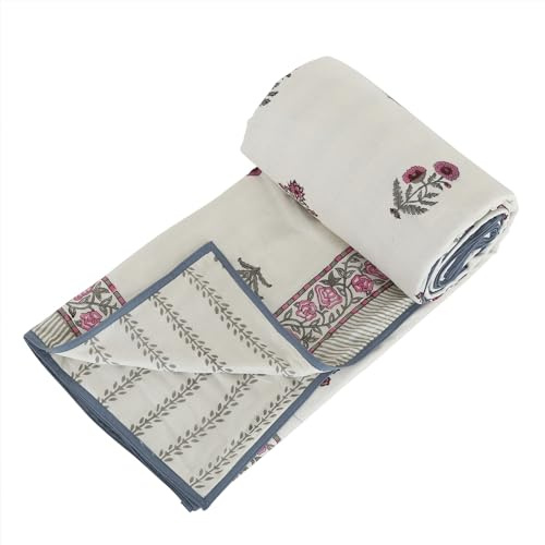 Jaipur Dohar Reversible 100% Cotton Lightweight Blanket, Indian Blanket, AC Blanket Throw, 90x 108'' (Pink Leaf Design)
