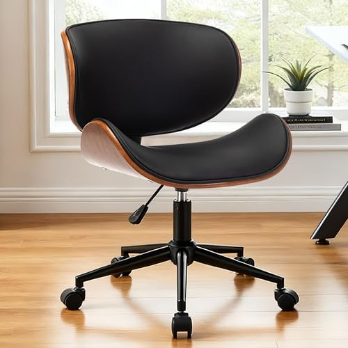 Mingone Bürostuhl Holz PU-Leder Schreibtischstuhl 360° Drehbar Schwarz | Computerstuhl mit Walnusssockel bis 136 kg Belastbar Höhenverstellbar Metallrahmen für Arbeitszimmer Schlafzimmer Heimbüro