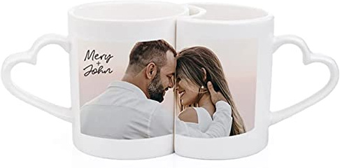 GIFART Tazza Doppia con Manico a Forma di Cuore ad Incastro da Personalizzare con Foto o Grafica