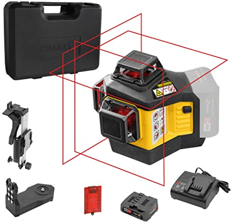 Stabila 12 V-system korslinjelaser LAX 600, självnivellerande, 3 x 360° röda laserlinjer, max. Räckvidd: 30 m, CAS-batteri och laddare (EU), universell vägghållare, bärväska, 19793, gul