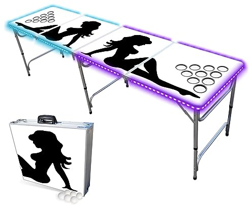 PARTYPONG 8-Foot Folding Beer Pong Table w/Cup Holes & LED Lights - Trucker Girl Edition
