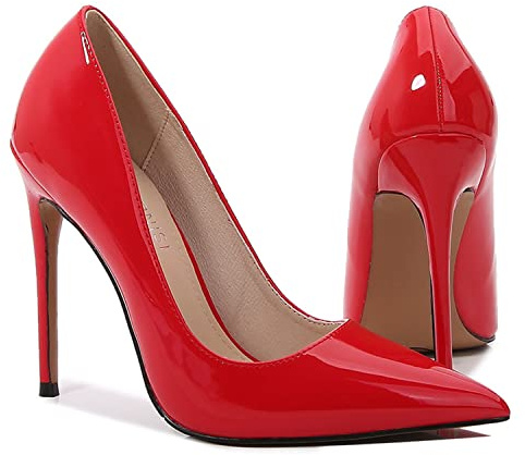 WOkismD Décolleté da donna in pelle verniciata, sexy, a punta, tacco alto, senza lacci, per feste, matrimoni, balli studenteschi, 12 cm