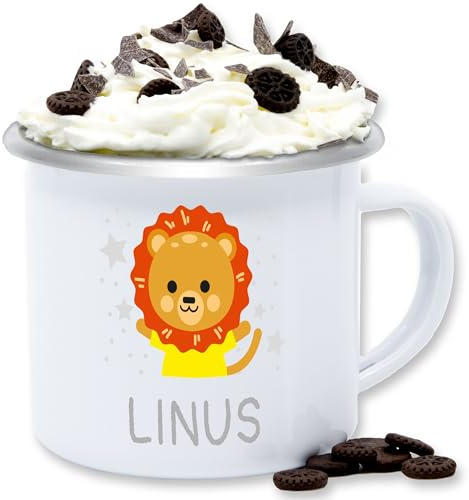 Emaille Tasse Blechtasse - Geschenk Löwe mit Name personalisiert I Lion I Löwen - 300 ml - Weiß Silber - tassen für kinder tier löwenmotiv namens geschenke teetasse personalisierte kindergarten