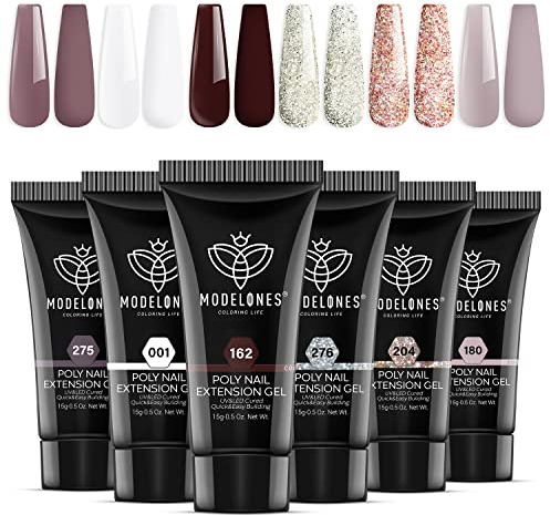 Modelones Poly Gel Set mit 6 Farben Glitzer Weiß Violett Nude Grau Rotbraun Elegant Lady Collection Gel Nägel Selber Set Quick Extension Building Acrylgel für Starter Nail Art Selber Mache