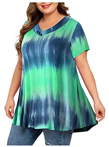Maglietta da donna taglie forti, casual, con stampa batik, scollo a V, a maniche corte, con orlo pieghevole, taglie forti, taglia XL, XL