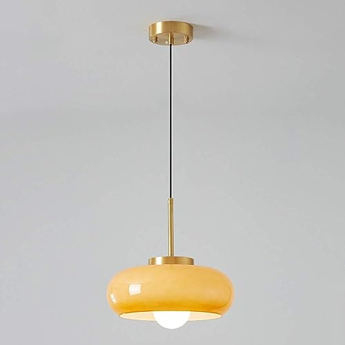 USMJQVZ Orange Glass Pendant Light Modern Brass Pendant Lights Fixtures Mid Century Pendant Lamp With Dome Glass Shade Height Adjustable Ceiling Hanging Lighting