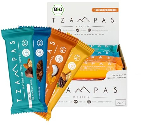 Best of TZAMPAS Mix Box Groß (16x40g) - Energieriegel aus gerösteter Gerste in der Snack Box - Power Riegel | Energieriegel geeignet für Radsport und Trailrunning - Bio Riegel vegan & ohne Zusätze