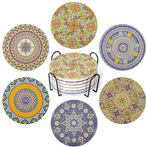 HENXFEN LEAD Untersetzer mit Halter Keramik, Getränkeuntersetzer Tischuntersetzer in Bunte für Getränke Weingläser Vasen, 6er Pack - Bohemian Style