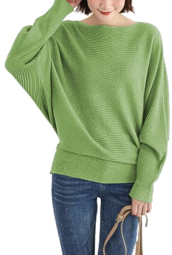 Qin Derdom Mujeres Cuello Barco Manga Batwing Dolman Jersey de Punto Ligero Otoño Invierno Suéter Tops