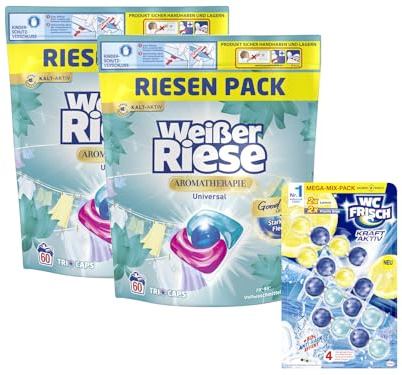 Weißer Riese Universal Trio-Caps A-Th. Lotus & Mandelöl (1x 120 WL), Vollwaschmittel mit intensivem Dufterlebnis & WC FRISCH Kraft Aktiv Duftspüler Mix Lemon + Frische Brise, 1x 200g
