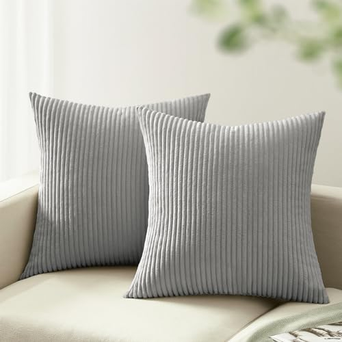 mosayt Kissenbezug 30x30 Grau Cord 2er Set gestreiftes Muster kleine Kissenbezüge Dekokissen Sofakissen Couchkissen Winter Deko Kissenhüllen 30 x 30 Wohnzimmer Schlafzimmer Bett Stuhl