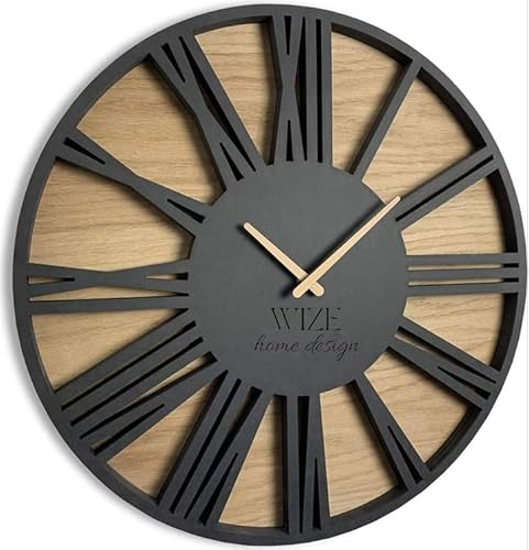 Wize Products Modern 19.7 Wooden Wall Clock Silent Movement Roman LOFT Round Wall Clocks for Living Room Bedroom - Decorative Kitchen Wall Clock - Oak Black