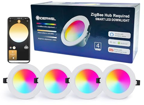 ZigBee Smart RGBWW LED Einbaustrahler Kompatibel mit Hub Bridge Echo Plus,APP/Alexa Sprachsteuerung Dimmbar(3000K-6000K) RGBCCT ZIGBEE LED Downlight Nachrüsten für Decken-Ambientebeleuchtung（4 Pack）